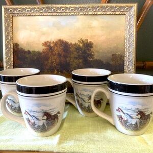 Folkcraft Running Horses stoneware mugs cups set of 4